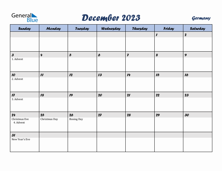 December 2023 Calendar with Holidays in Germany