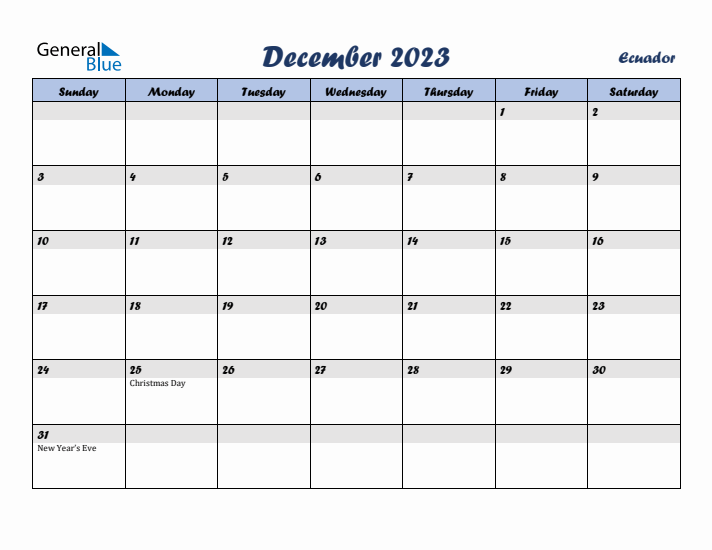 December 2023 Calendar with Holidays in Ecuador