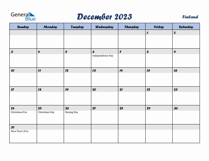 December 2023 Calendar with Holidays in Finland