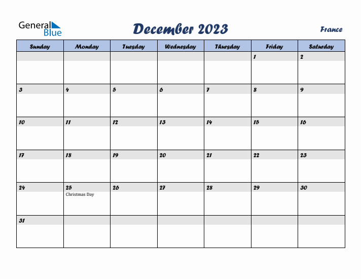 December 2023 Calendar with Holidays in France