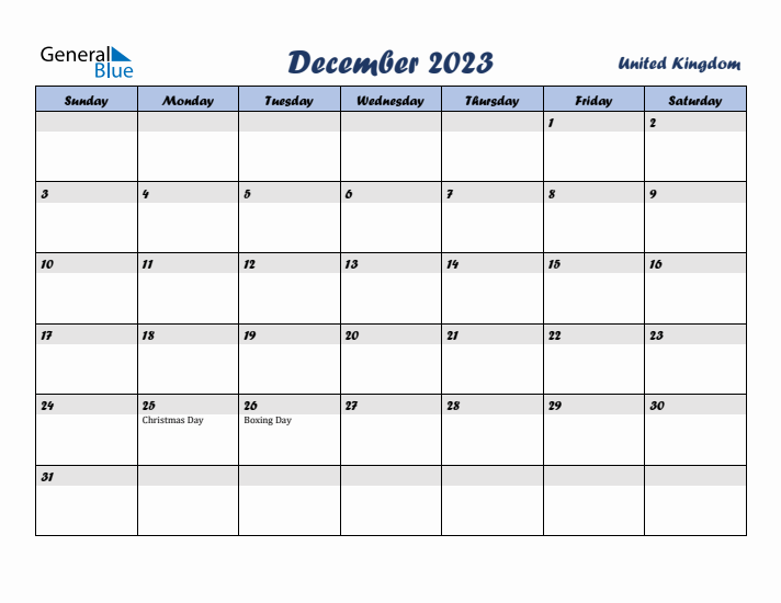 December 2023 Calendar with Holidays in United Kingdom