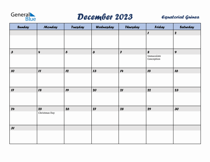 December 2023 Calendar with Holidays in Equatorial Guinea