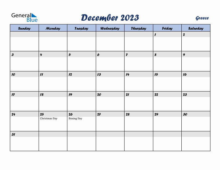 December 2023 Calendar with Holidays in Greece