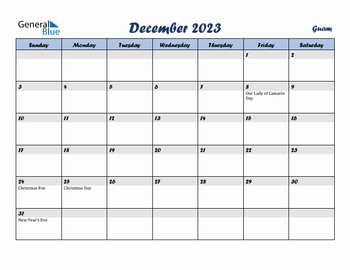 December 2023 Calendar with Holidays in Guam