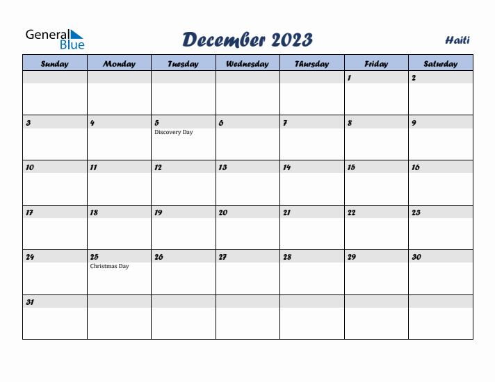 December 2023 Calendar with Holidays in Haiti
