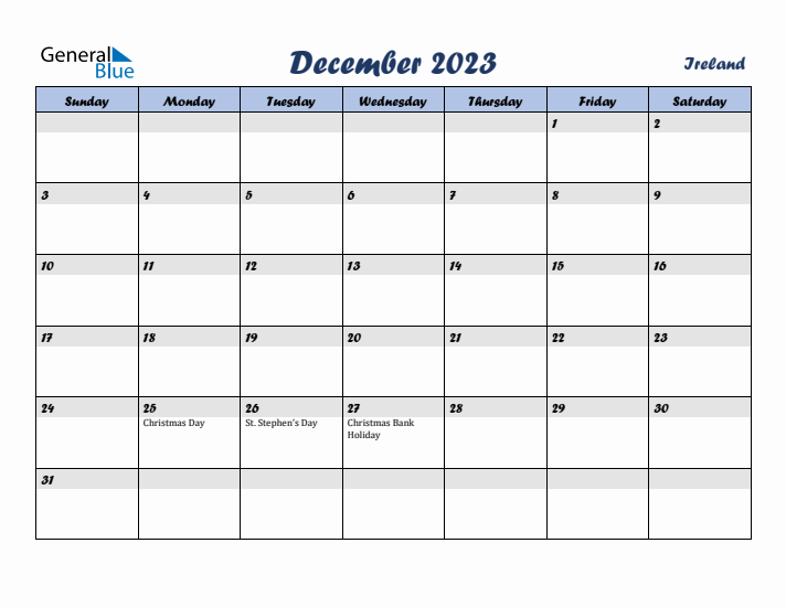 December 2023 Calendar with Holidays in Ireland