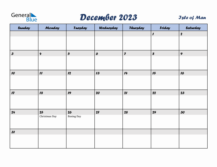 December 2023 Calendar with Holidays in Isle of Man