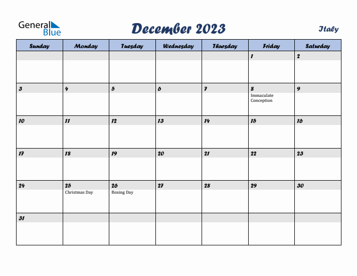 December 2023 Calendar with Holidays in Italy