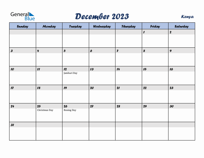 December 2023 Calendar with Holidays in Kenya