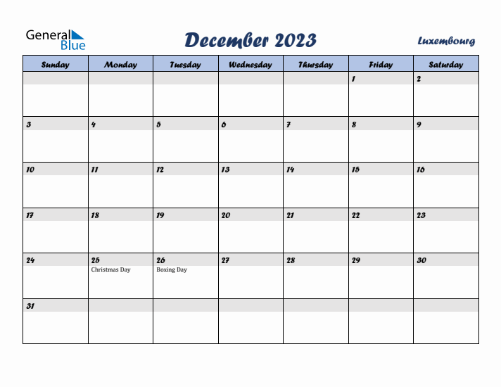 December 2023 Calendar with Holidays in Luxembourg