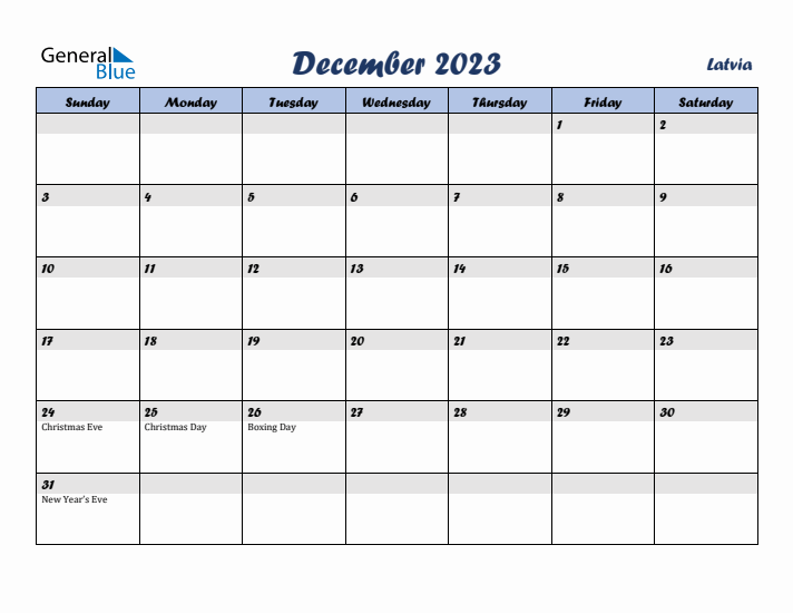 December 2023 Calendar with Holidays in Latvia