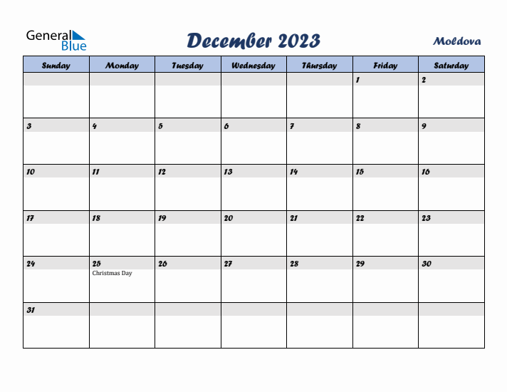 December 2023 Calendar with Holidays in Moldova