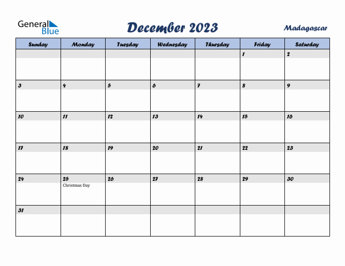 December 2023 Calendar with Holidays in Madagascar