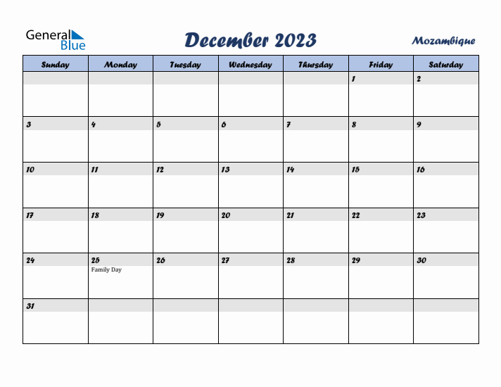 December 2023 Calendar with Holidays in Mozambique