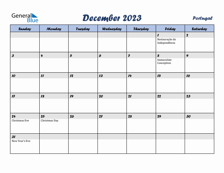 December 2023 Calendar with Holidays in Portugal
