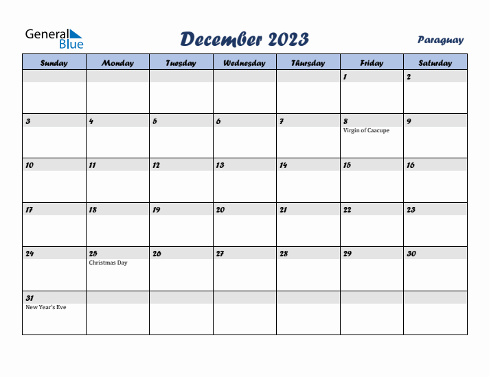 December 2023 Calendar with Holidays in Paraguay