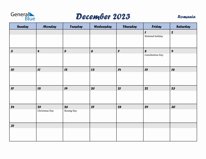 December 2023 Calendar with Holidays in Romania