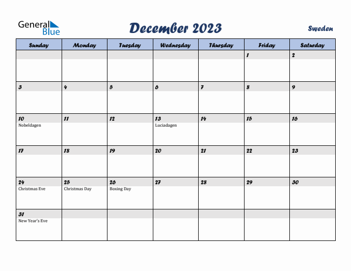 December 2023 Calendar with Holidays in Sweden