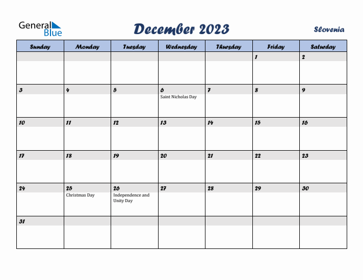 December 2023 Calendar with Holidays in Slovenia