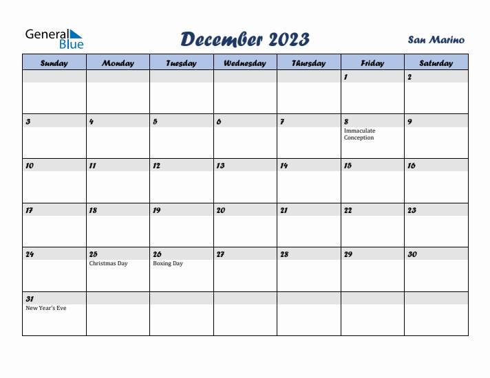 December 2023 Calendar with Holidays in San Marino