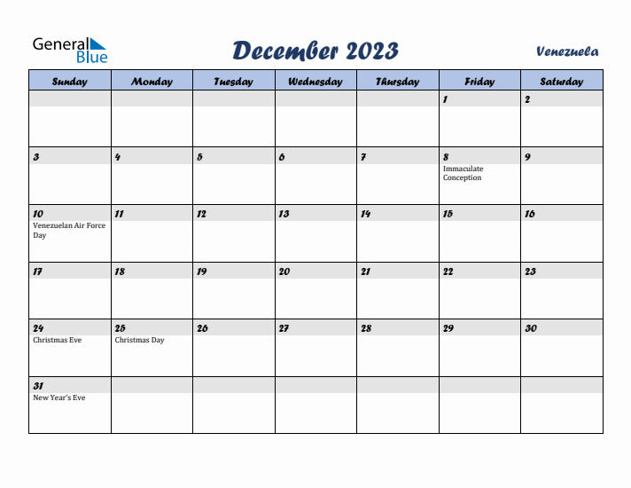 December 2023 Calendar with Holidays in Venezuela