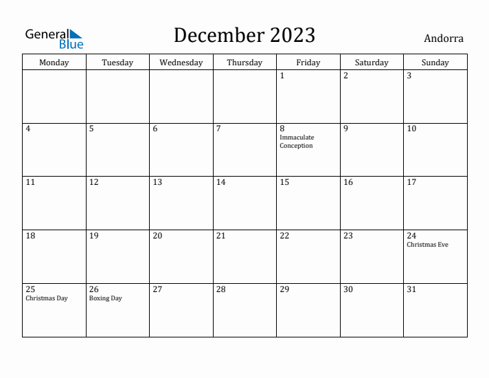 December 2023 Calendar Andorra