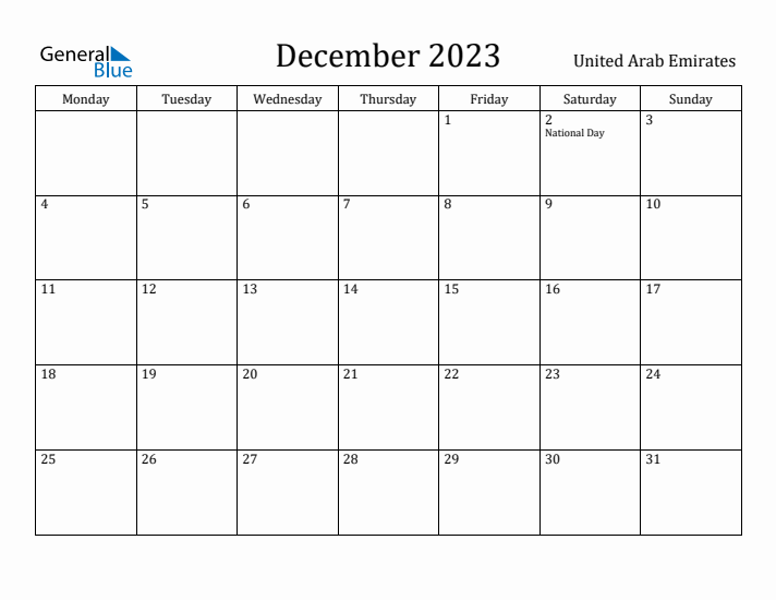 December 2023 Calendar United Arab Emirates
