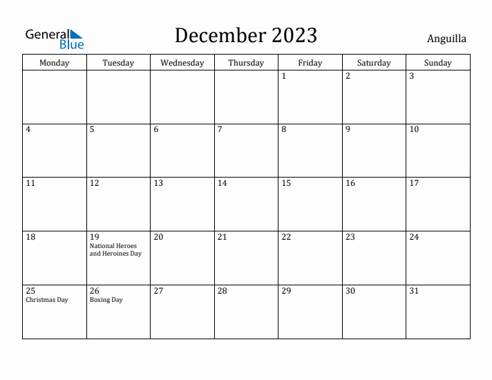 December 2023 Calendar Anguilla