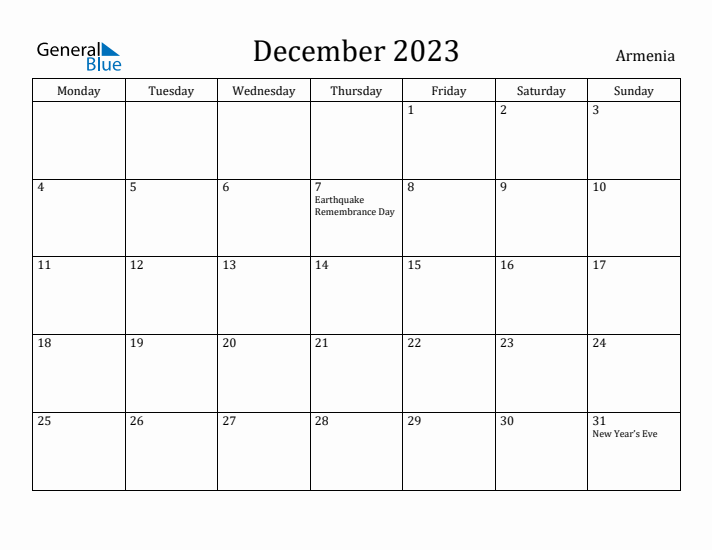 December 2023 Calendar Armenia