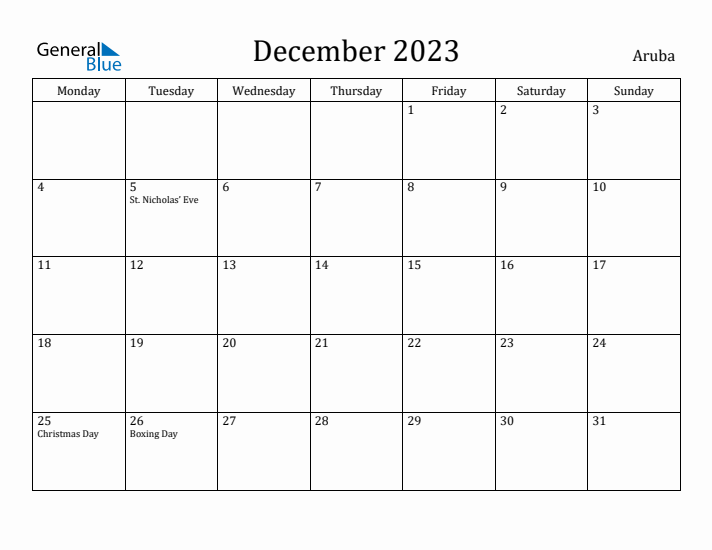 December 2023 Calendar Aruba