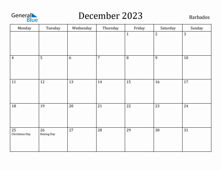 December 2023 Calendar Barbados