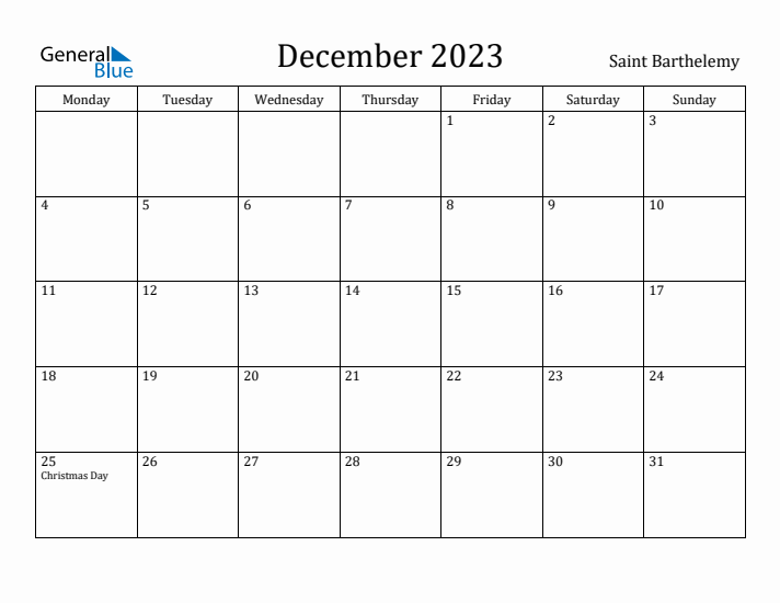 December 2023 Calendar Saint Barthelemy