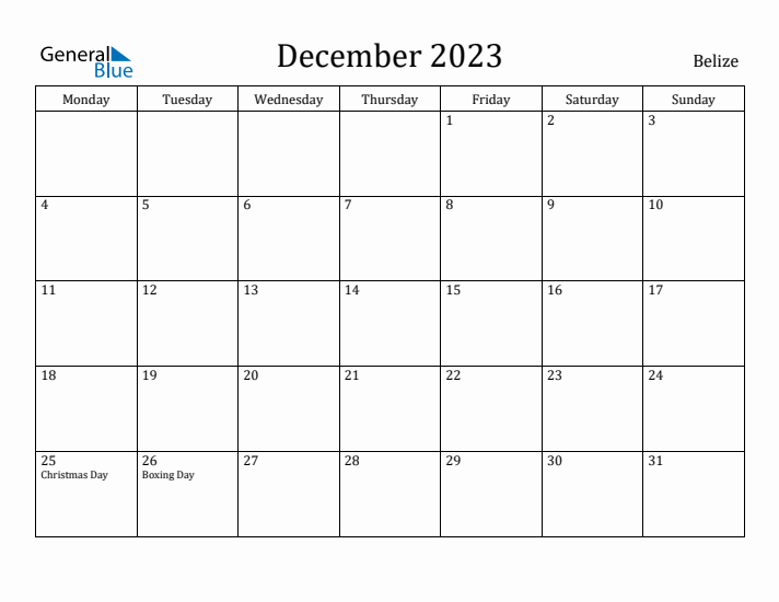 December 2023 Calendar Belize
