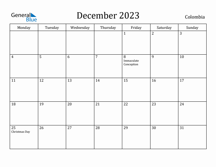 December 2023 Calendar Colombia