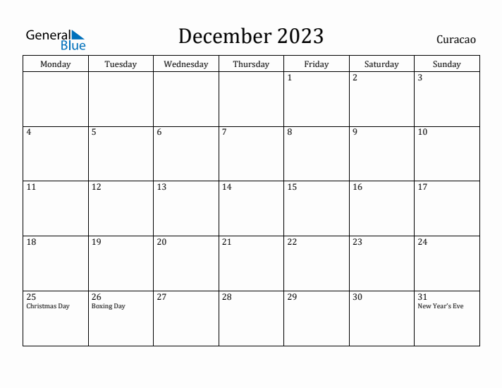 December 2023 Calendar Curacao