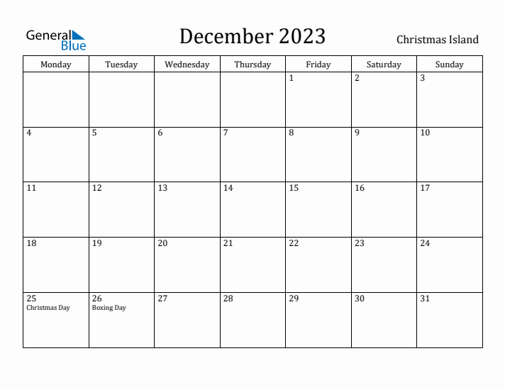 December 2023 Calendar Christmas Island