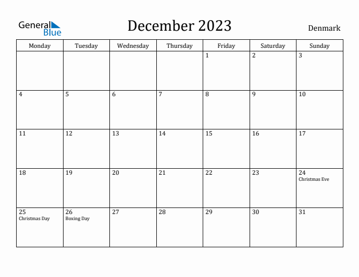 December 2023 Calendar Denmark