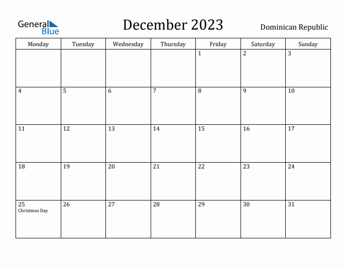 December 2023 Calendar Dominican Republic