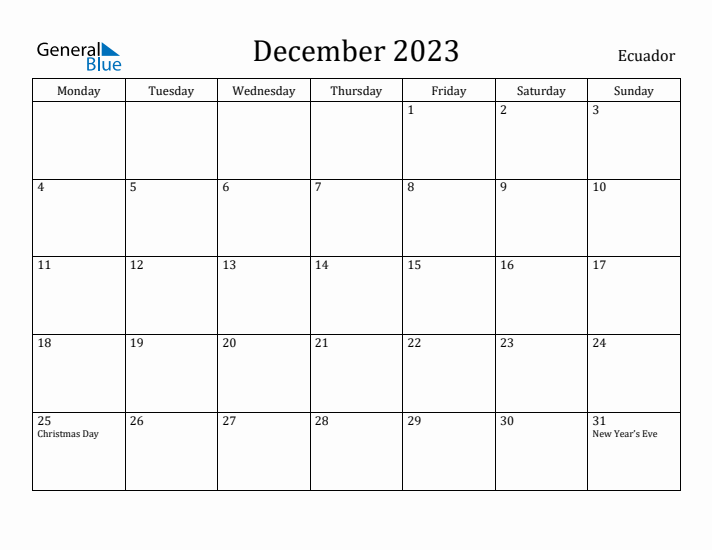 December 2023 Calendar Ecuador