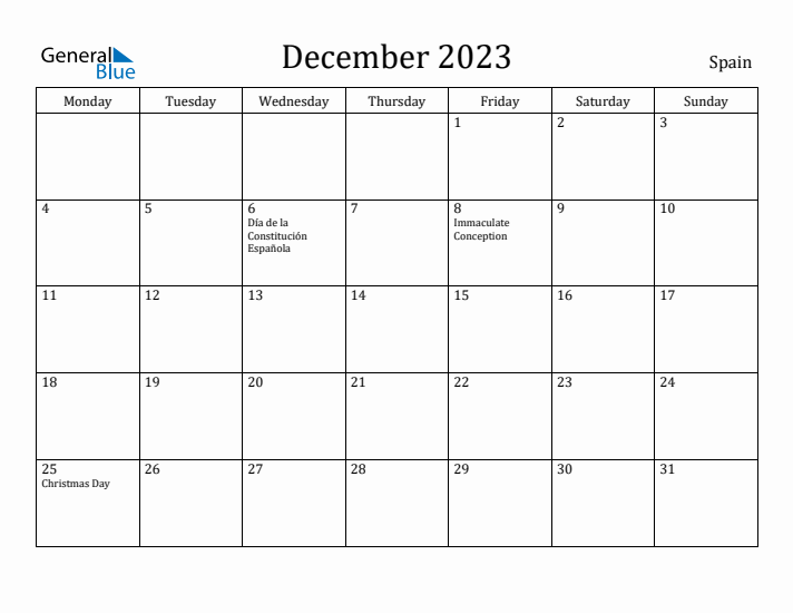 December 2023 Calendar Spain