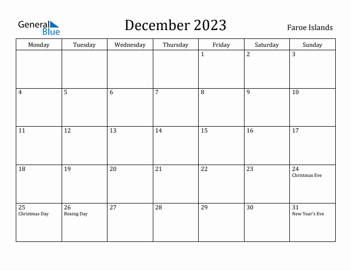 December 2023 Calendar Faroe Islands