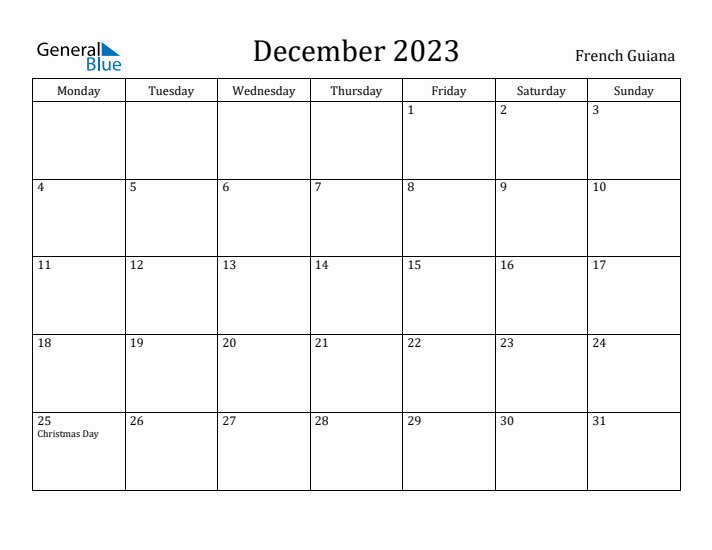 December 2023 Calendar French Guiana
