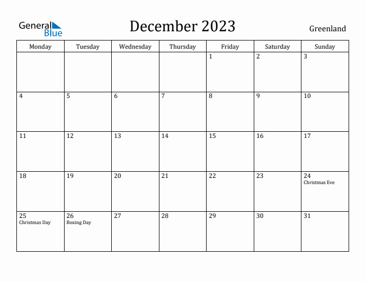December 2023 Calendar Greenland