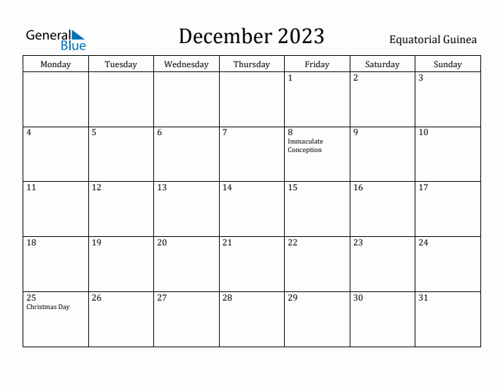 December 2023 Calendar Equatorial Guinea