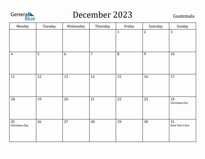 December 2023 Calendar Guatemala