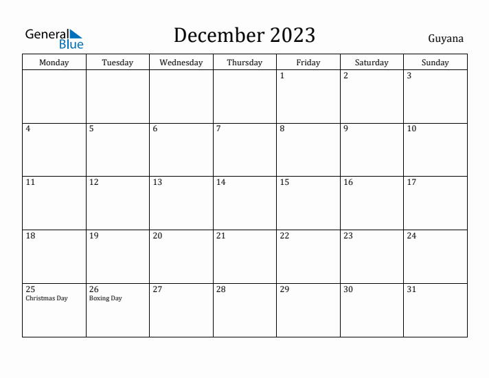 December 2023 Calendar Guyana