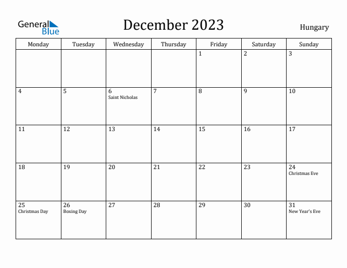 December 2023 Calendar Hungary