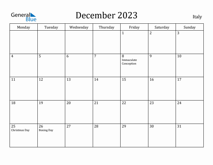 December 2023 Calendar Italy