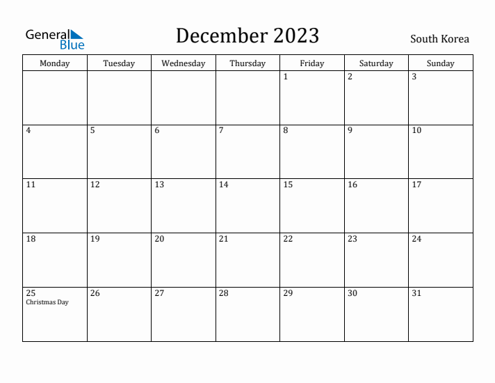 December 2023 Calendar South Korea