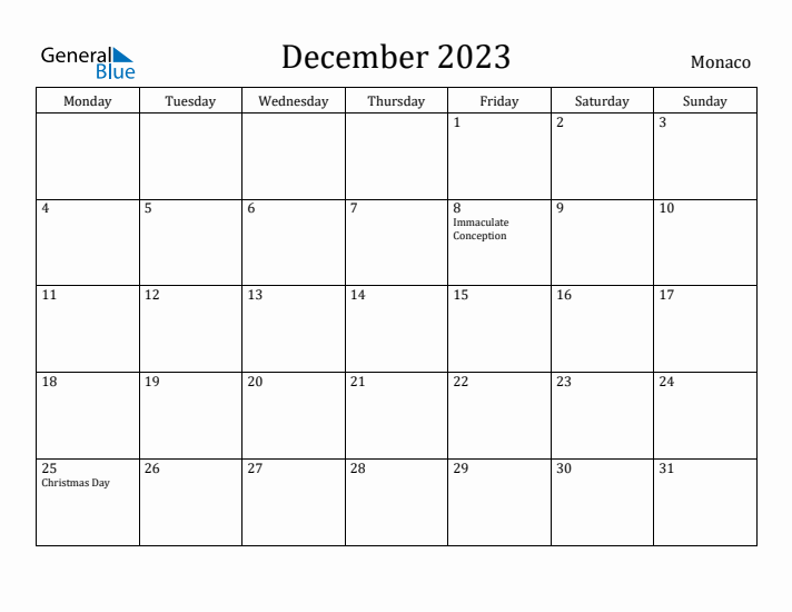 December 2023 Calendar Monaco